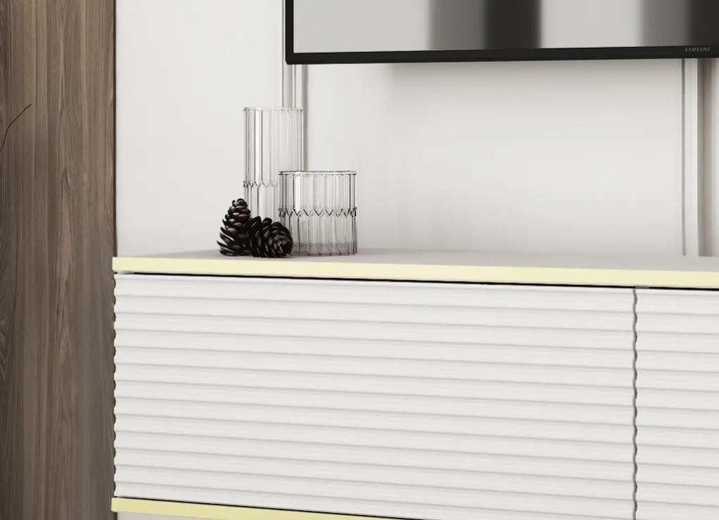 Závesná TV skrinka Orfeo, 135 cm, biela štruktúra/zlatá