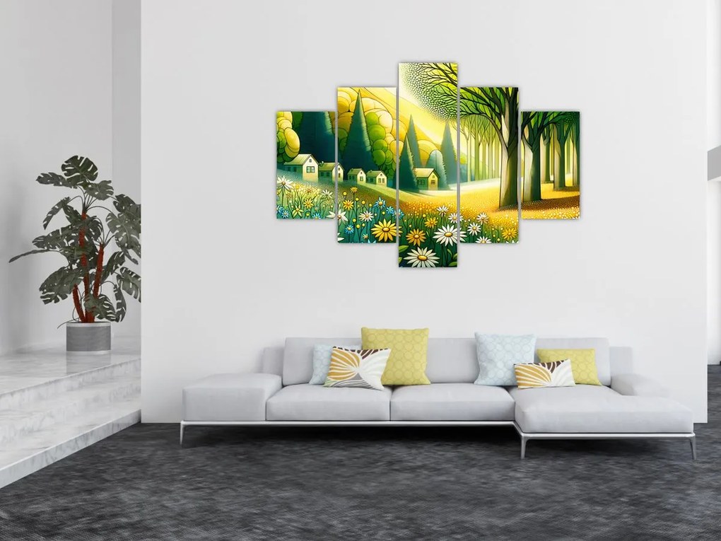 Obraz - Dedina v žlto-zelenej (150x105 cm)