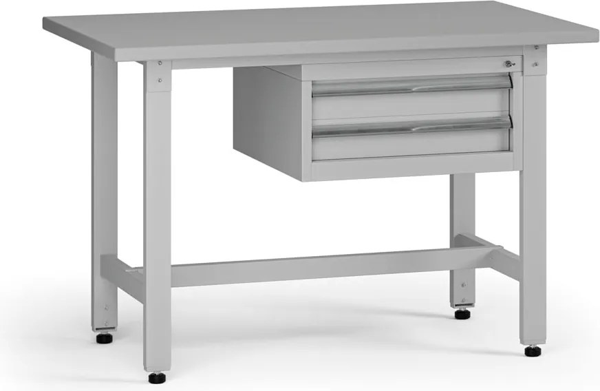 Výškovo nastaviteľný dielenský stôl G5, 1200 x 750 x 800-1000 mm, 1x kontajner, 2 zásuvky, sivá