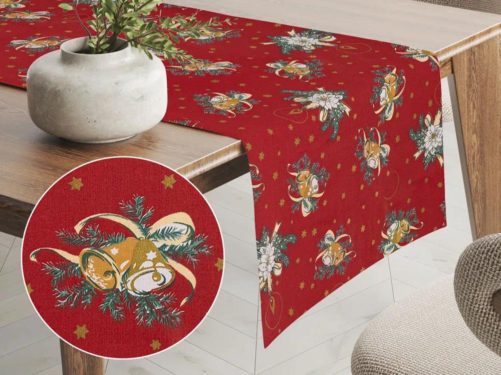 Biante Vianočný bavlnený behúň na stôl Sandra SA-406 Zvončeky a sviečky na červenom 20x180 cm