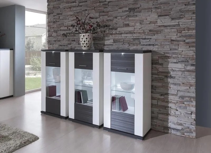 Vitrína Caracas typ 28, grafit/biely lesk, s osvetlením