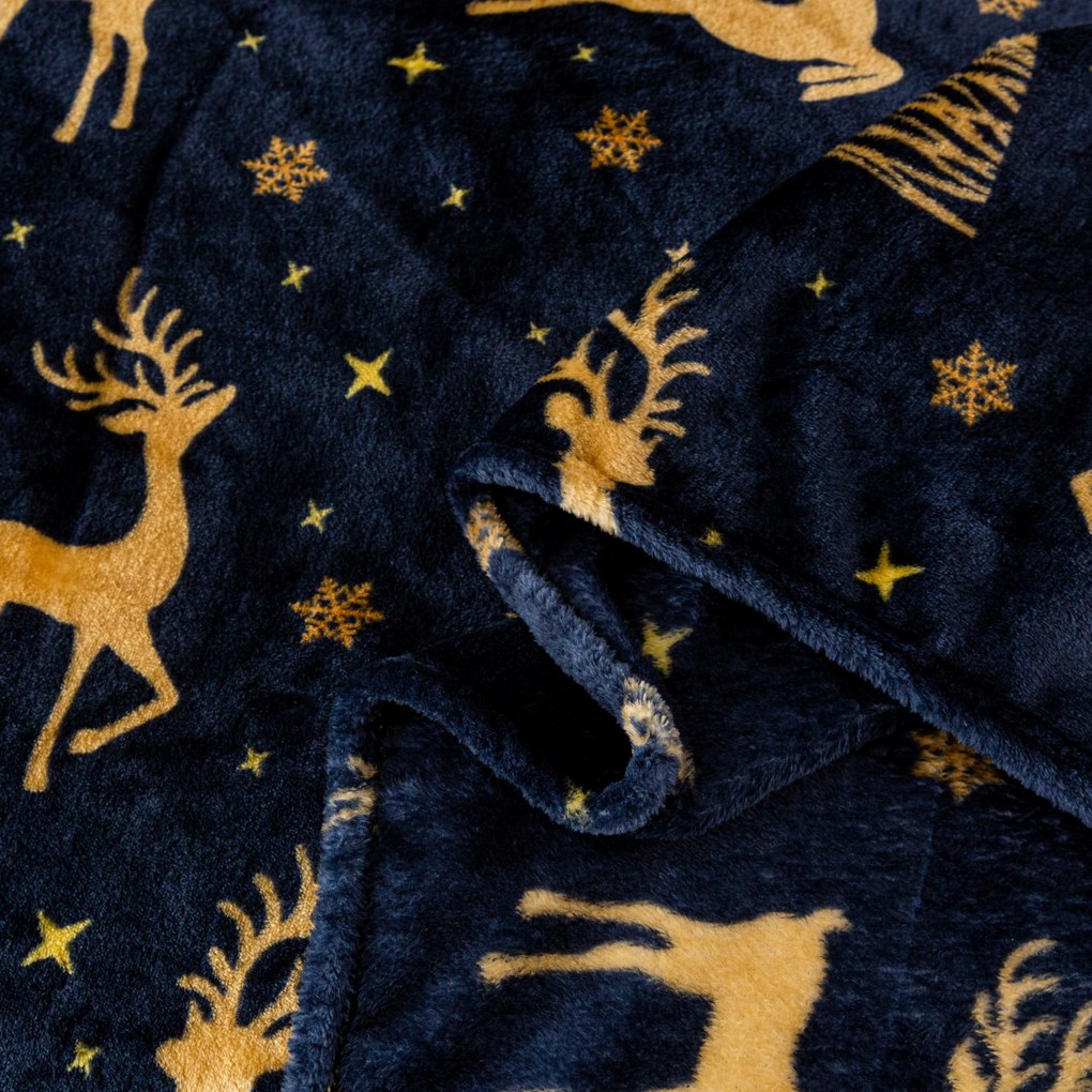 Vianočná mikroplyšová deka GOLDEN DEER tmavomodrá Rozmer: 200 x 220 cm