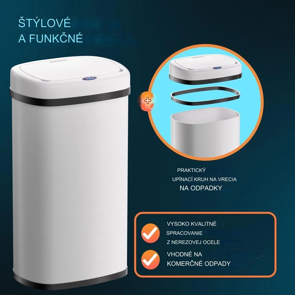 InternetovaZahrada Bezdotykový hranatý odpadkový kôš s USB 58 L - biely