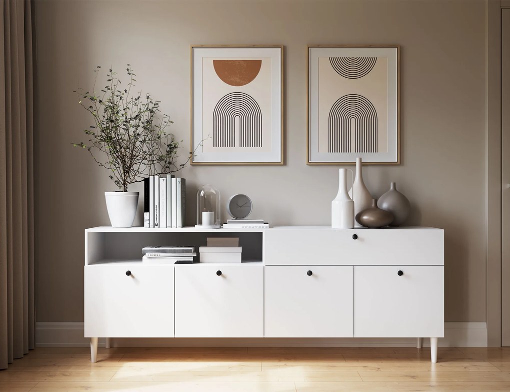 Komoda so skrinkami a zásuvkou DULLUM 200x75cm, biela