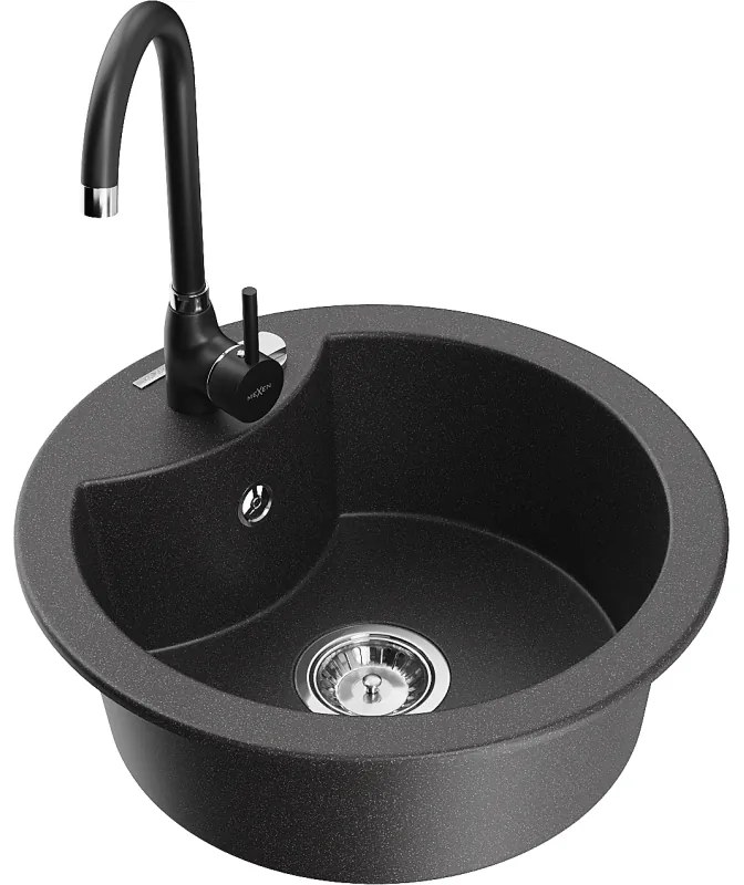 Mexen Diego, 1-komorový granitový drez 488x488x167 mm, chrómový sifón, čierna matná batéria Telma, čierna škvrnitá, 6512-76-670200-70