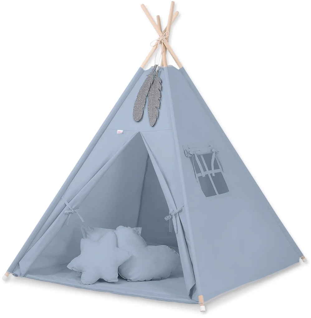 Bobono Stan Teepee pre deti + ozdobné perie - pastelová modrá