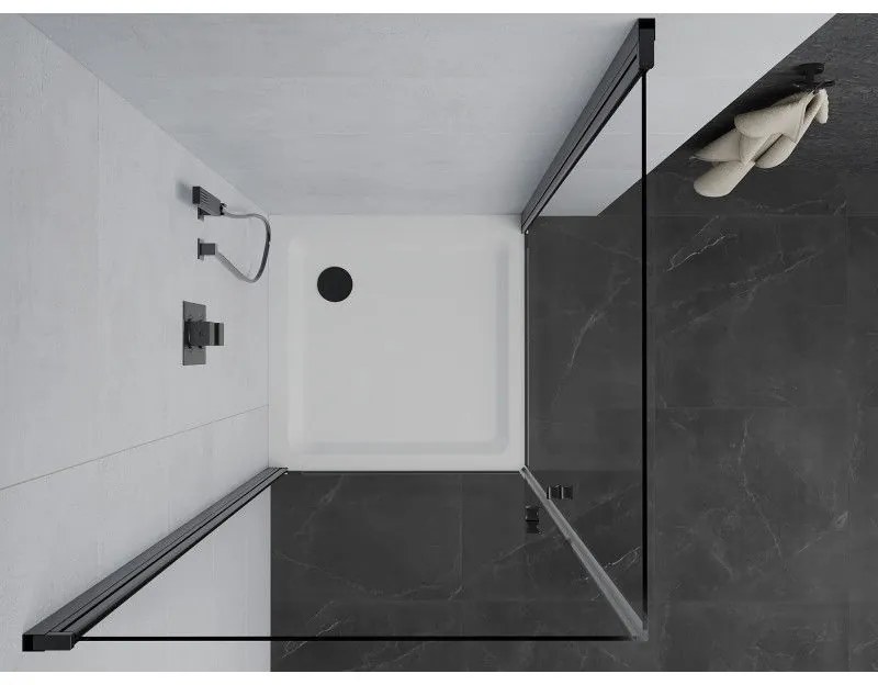 Mexen Pretoria Duo, sprchovací kút s 2-krídlovými dverami 70 (dvere) x 70 (dvere) cm, 6mm číre sklo, čierny profil + slim sprchová vanička 5cm biela s čiernym sifónom, 852-070-070-70-02-4010B