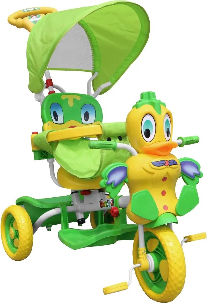 Ramiz Detský trojkolesový bicykel Duck Bike Zelená + zvuky + strieška + zábrana + opierka na nohy + riadidlá + úložný priestor