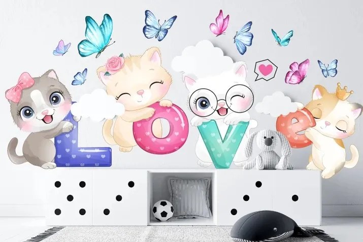 Nálepka na stenu pre dievčatá mačiatka s nápisom LOVE 150 x 300 cm