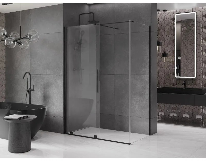 Mexen Velar, sprchový kút s posuvnými dverami 160(dvere) x 100(stena) cm, 8mm číre sklo, čierna matná, 871-160-100-01-70