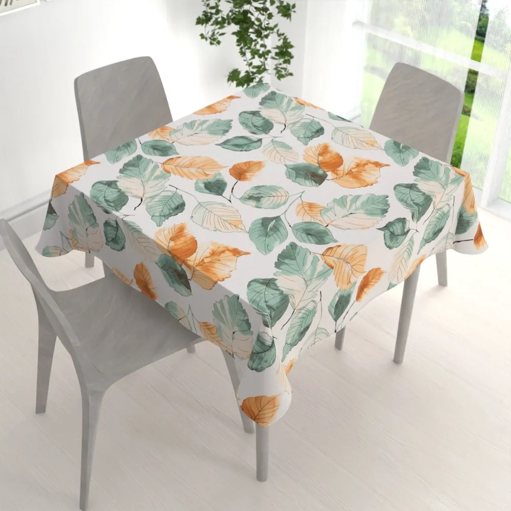 Biante Bavlnený štvorcový obrus Sandra SA-748 Hnedo-zelené akvarelové listy na bielom 130x130 cm