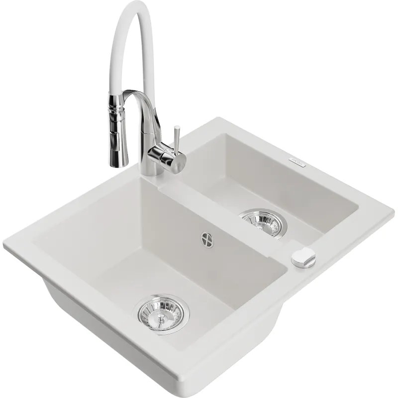 Mexen Carlos, 1,5-komorový granitový drez 582x475x177 mm a drezová batéria Aster, biela, 6518-20-73450-02