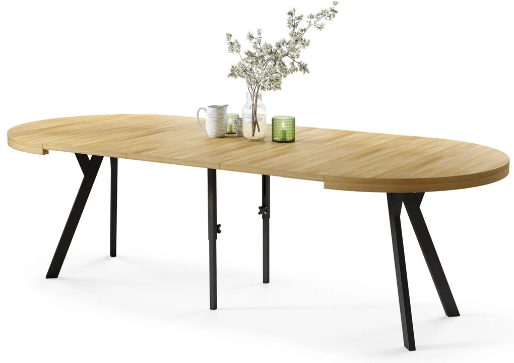 EXPANSO Dub Americký / čierne nohy - VEĽKÝ OKRÚHLY STÔL Ø110 ROZKLADACÍ AŽ DO 310 cm S NOHAMI Y LOFTOVÝ / INDUSTRIÁLNY