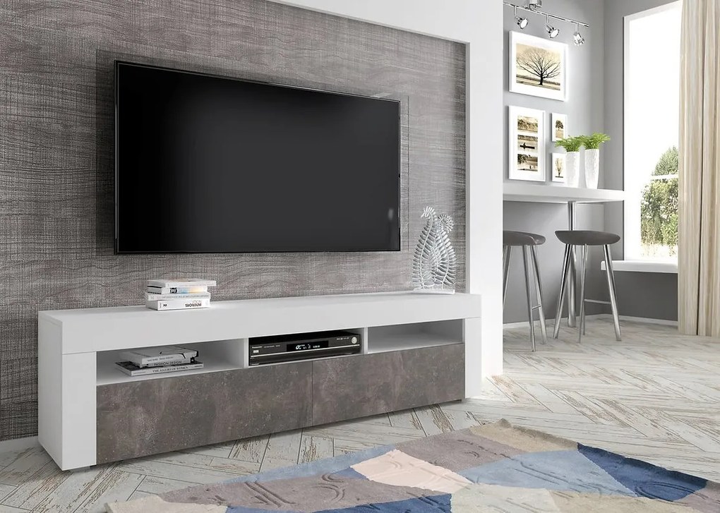 TV stolík/skrinka Moderno (biela + betón). Akcia -20%. Vlastná spoľahlivá doprava až k Vám domov. 1124838