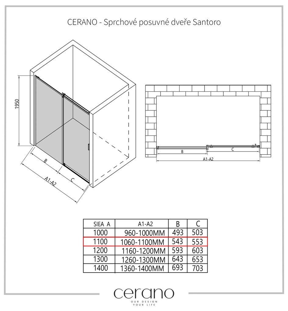 Cerano Santoro, sprchové posuvné dvere 110x195 cm, 6mm číre sklo, chrómový profil, CER-CER-424933