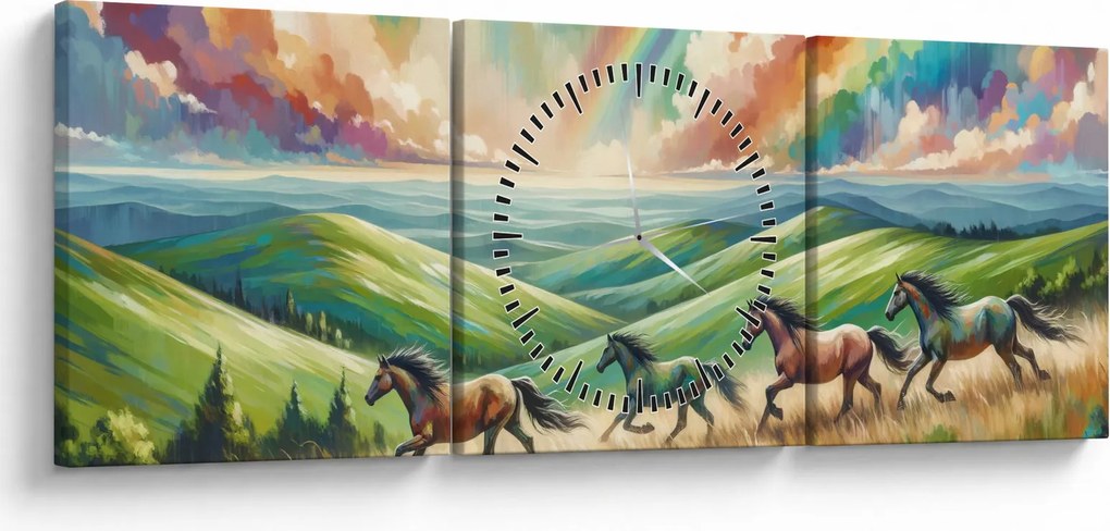 Obraz – Kone cválajúce krajinou (s hodinami) (90x30 cm)