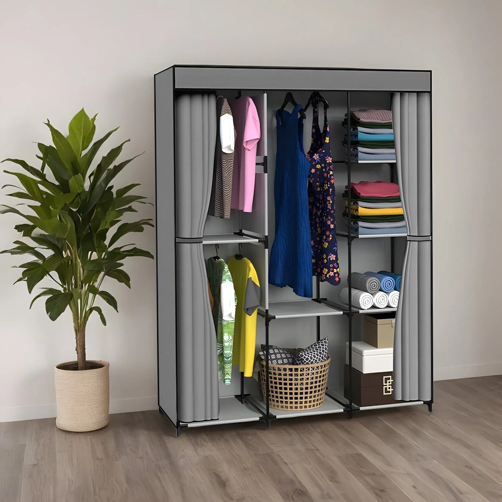 Látková šatníková skriňa s 8 policami CELINA antracitová