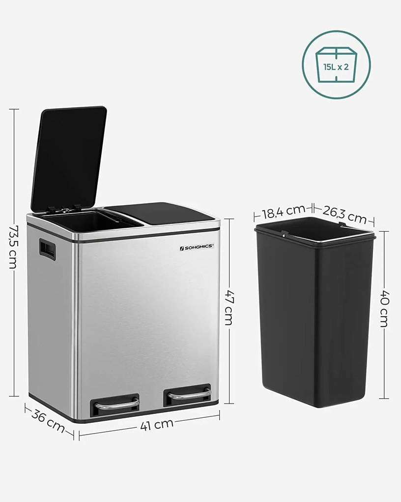 Kôš na selektívny odpad 30 L, kuchynský odpadkový kôš 2 x 15 litrov, strieborný