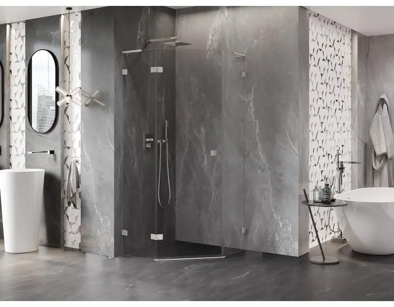 Mexen Lunar, L päťuholníkový sprchový kút naklápací doľava 100x100 cm, 8mm číre sklo, oceľový profil, 831L-100L-100P-97-00-L