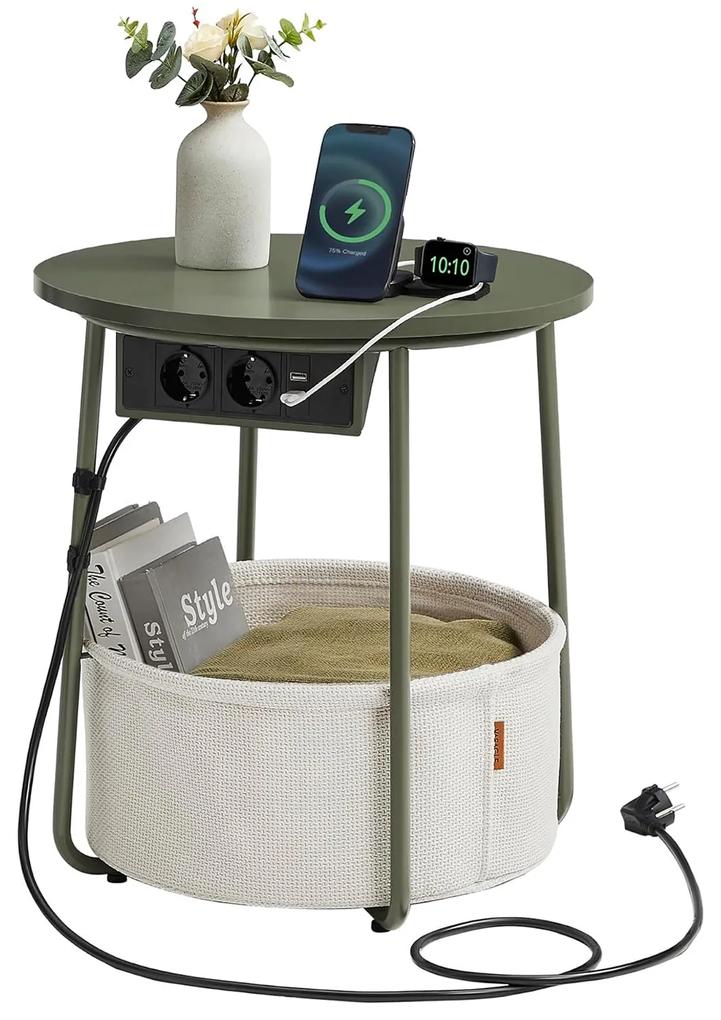 Okrúhly príručný stolík s nabíjacou stanicou, malý stolík so zásuvkou, lesná zelená a krémová biela