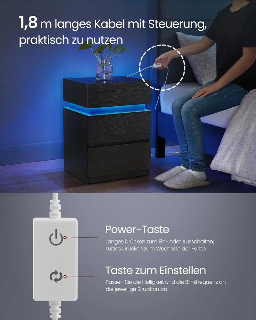 Nočný stolík s viacfarebným nastaviteľným LED pásikom, 3 zásuvky, čierny