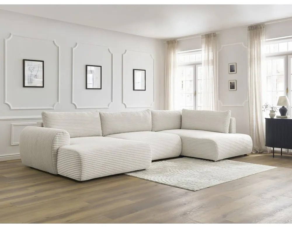 Krémovobiela menčestrová rozkladacia/s úložným priestorom rohová pohovka (pravý roh/do tvaru "U") Lucien – Bobochic Paris