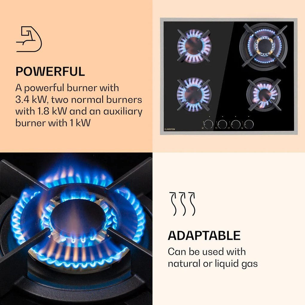 Klarstein Goldflame 4 Prime, plynová varná doska, 4 Messing horáky, sklokeramika