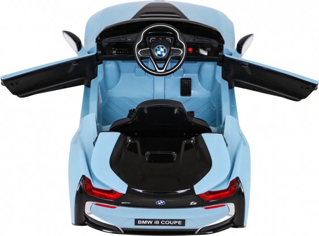 Ramiz BMW I8 Lift Battery Car Modrá + diaľkové ovládanie + pomalý štart + 3-bodové pásy + MP3 USB + LED