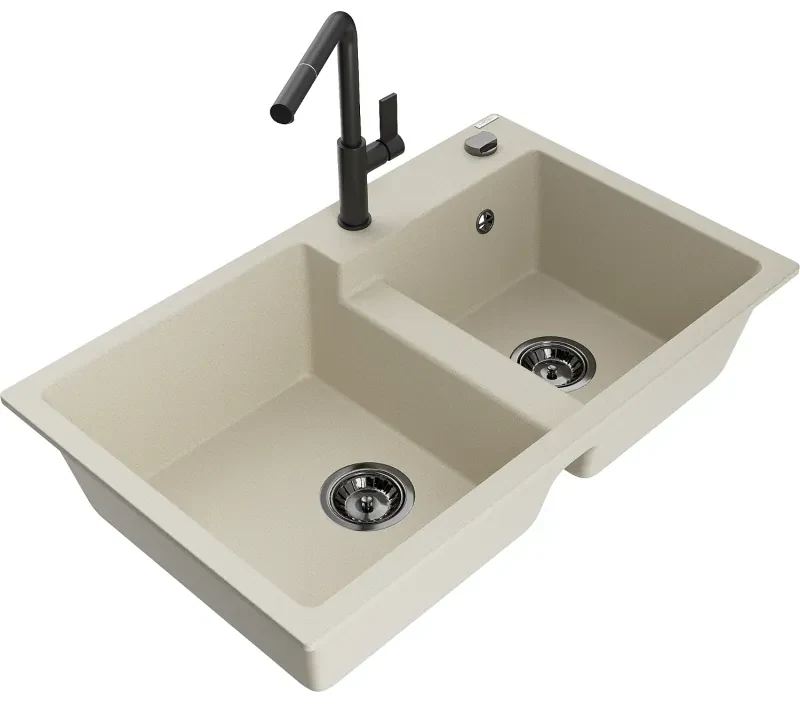 Mexen Tomas, 2-komorový granitový drez 800x500x190 mm a drezová batéria Flora, béžová, 6516-69-670401-70-B