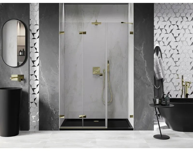 Mexen Lunar-F, skladacie ľavé sprchové dvere 130 cm, číre sklo, zlatý profil, 836S-130-050-50-00-L