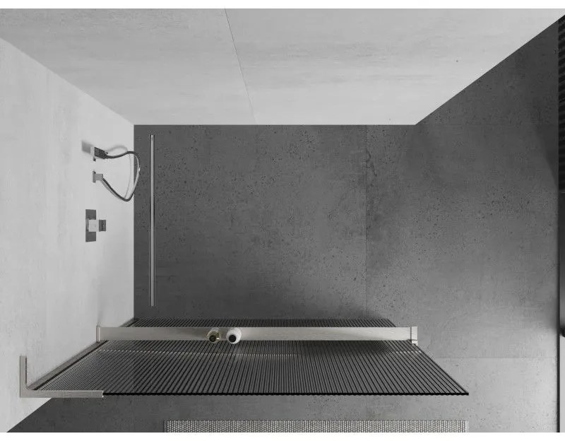 Mexen Kioto+ L, sprchová zástena Walk-In s poličkou a vešiakom 90 x 200 cm, 8mm sklo s rebrovým vzorom, brúsená oceľ profil, 800-090-123-97-09