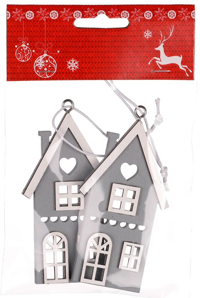Závesný drevený domček, sivá, v. 9 cm, SET 4 KS