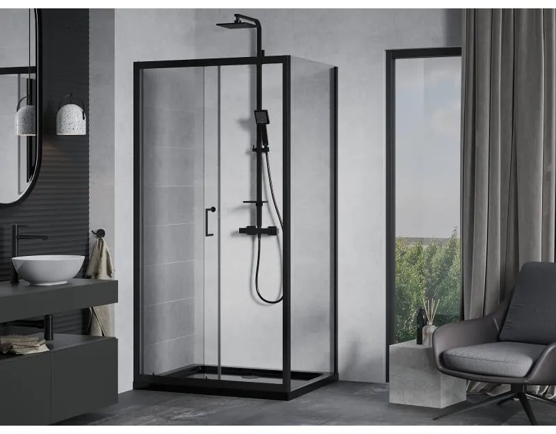Mexen Apia, sprchový kút s posuvnými dverami 130 (dvere) x 100 (stena) cm, 6mm číre sklo, čierny profil + čierna sprchová vanička s čiernym sifónom, 840-130-100-70-00-4070B