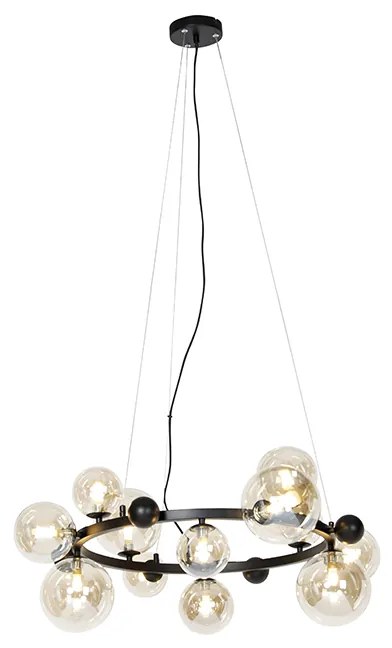 Art deco závesná lampa čierna s jantárovým sklom 12 svetiel - David
