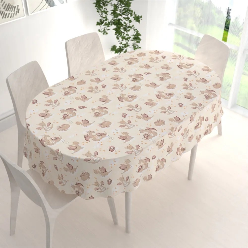 Biante Detský bavlnený oválny obrus Sandra SA-467 Dráčikovia na žltobéžovom 140x180 cm