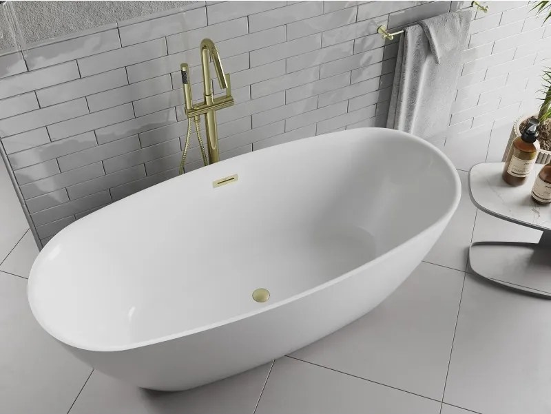 Mexen Luvo Slim, voľne stojaca vaňa 170 × 75 cm, biela lesklá, zlatý matný prepad, 52801707500-55