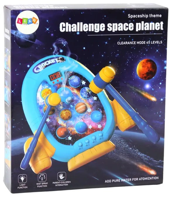 LEAN TOYS Arkádová hra Wac A Mole - Planéty v rakete s kladivom 6 režimov + svetlá, zvuky, dym