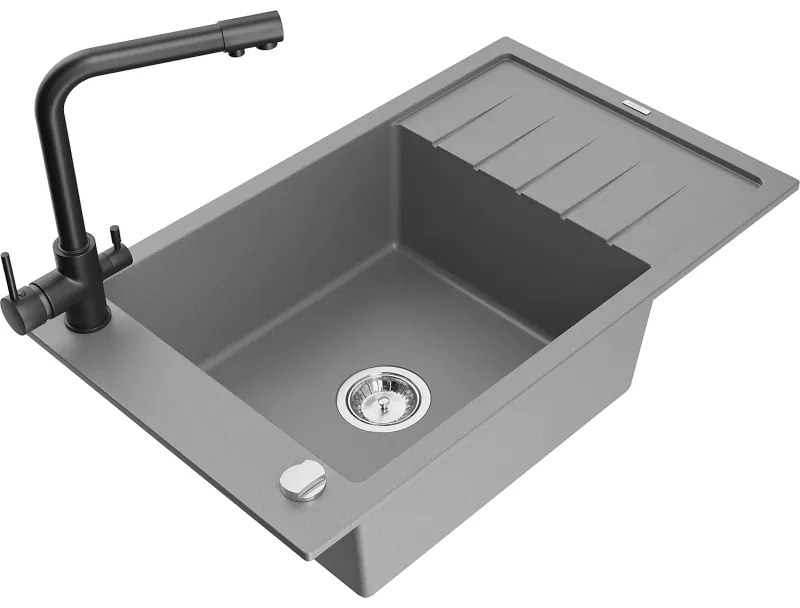 Mexen Elias, 1-komorový granitový drez s odkvapkávačom 795x480x200 mm a čierna batéria Duero, šedá, 6511-71-671600-70