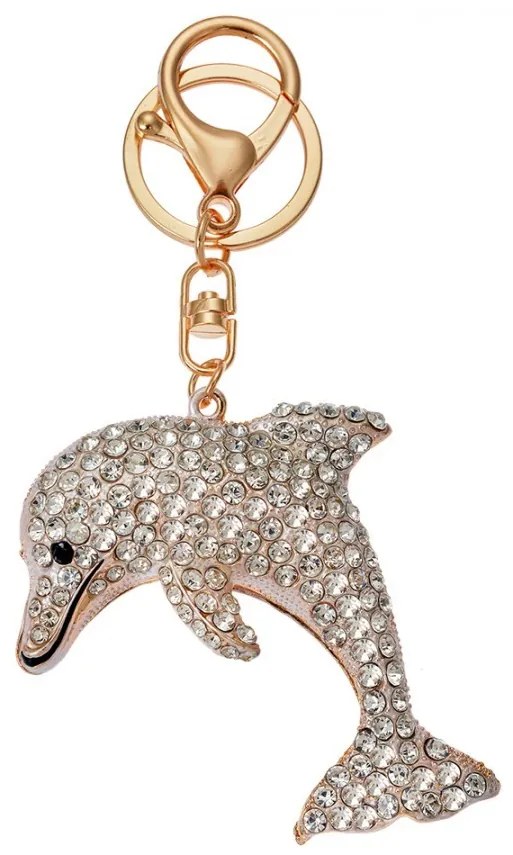 Zlatý kovový prívesok na kľúče s kamienkami delfín - 6*2*7 cm