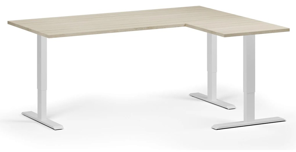 Výškovo nastaviteľný stôl, 180x140 cm, 3 motory, L/P, biela podnož, dub prírodný