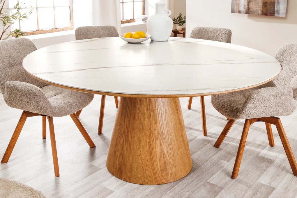 Jedálenský stôl UNIQUE 120 cm okrúhly, dubové drevo, dyhovaná keramika, doska z bieleho mramoru