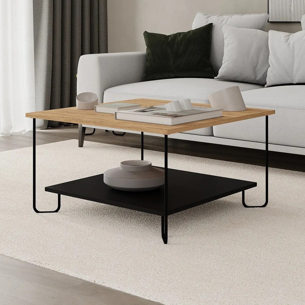 Konferenčný stolík s doskou v dubovom dekore v čierno-prírodnej farbe 80x80 cm Tonka – Marckeric