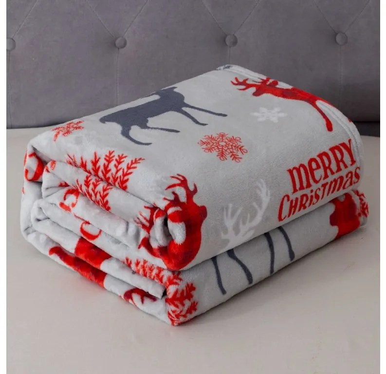 2x Sivá vianočná mikroplyšová deka MERRY CHRISTMAS DEER 160x200 cm