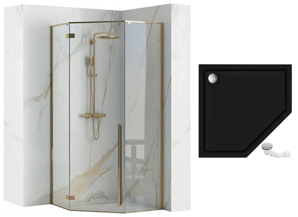 Rea Diamond, sprchovací kút 90x90x195 cm, 6mm číre sklo, zlatý profil + biela sprchová vanička, KPL-04904