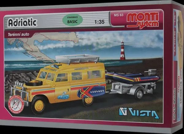 Stavebnice Monti 63 Land Rover-vlek s loďkou/člunem 1:35 v krabici 22x15x6cm