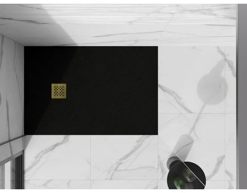 Mexen Stone+, obdĺžniková vanička z minerálneho kompozitu 120 x 80 cm, čierna, zlatá lesklá krytka, 44708012-G