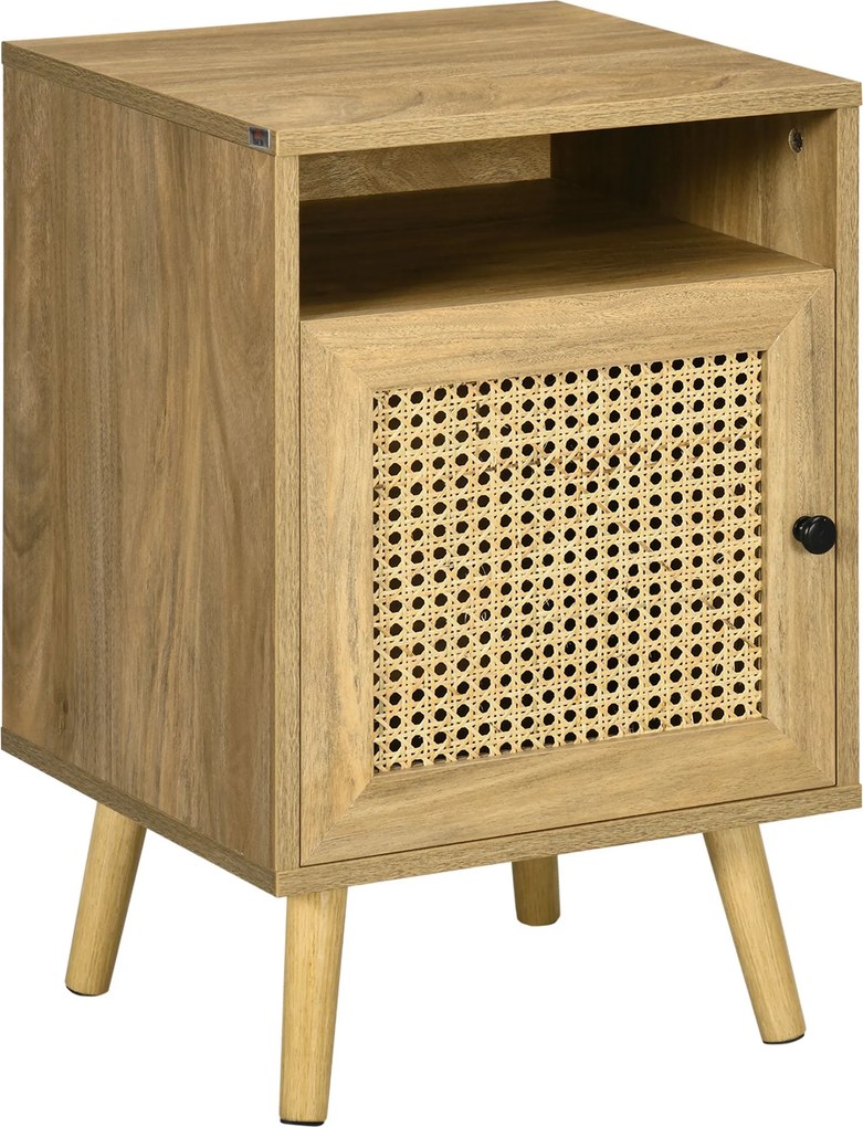 HOMCOM Nočný stolík do spálne, Malý drevený nočný stolík, Boho štýl, s kabinetom a otvorenou poličkou, do spálne, obývacej izby, 39x35x60 cm, Farba dr
