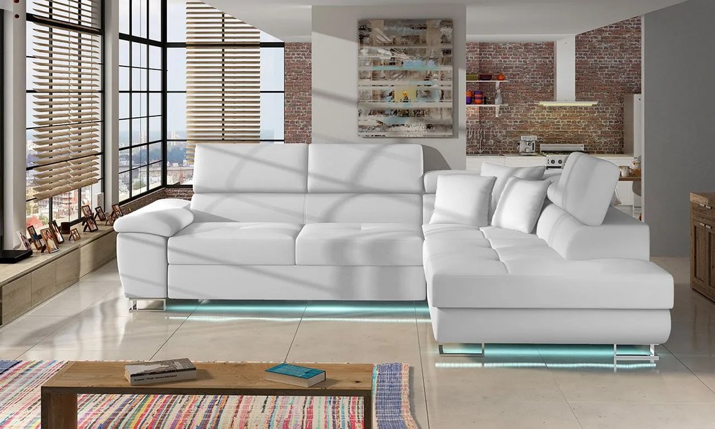 Rohová sedačka Alvin LED, Dostupné poťahy: Ekokoža Soft 011 (čierna) + Lux 06 + Ekokoža Soft 011 (čierna), Strana: pravá