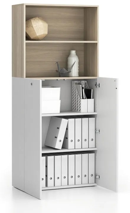 Kancelárska policová skriňa 2-dverová SEGMENT, uzamykateľná, 4 police, 840 x 370 x 1880 mm, biela / dub prírodný