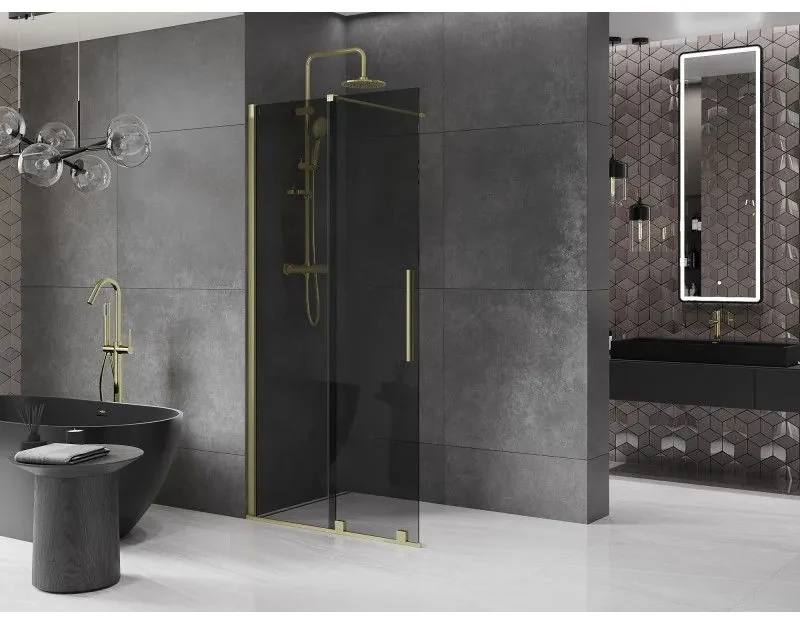 Mexen Velar, sprchová zástena s posuvnými dverami Walk-in 85 x 200 cm, 8mm šedé sklo, zlatá matná, 871-085-000-43-55